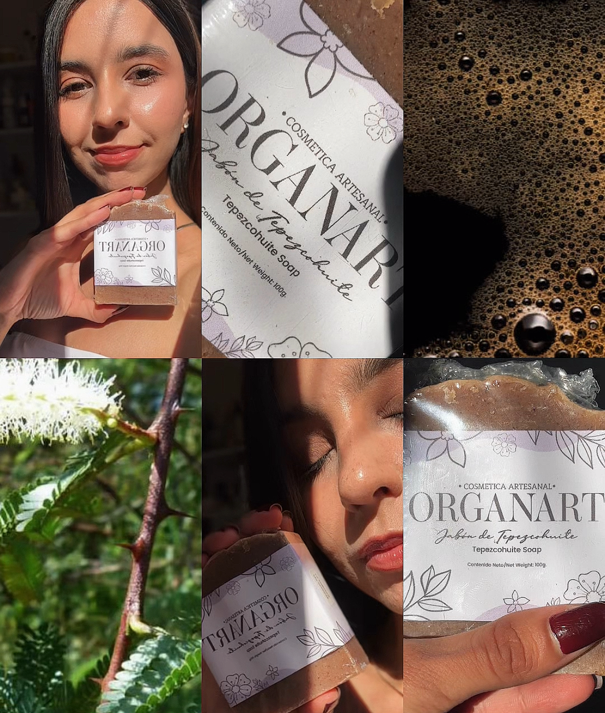 Fotografía real de Majo, creadora de contenido, mostrando el jabón artesanal de tepezcohuite de Organart bajo luz natural.